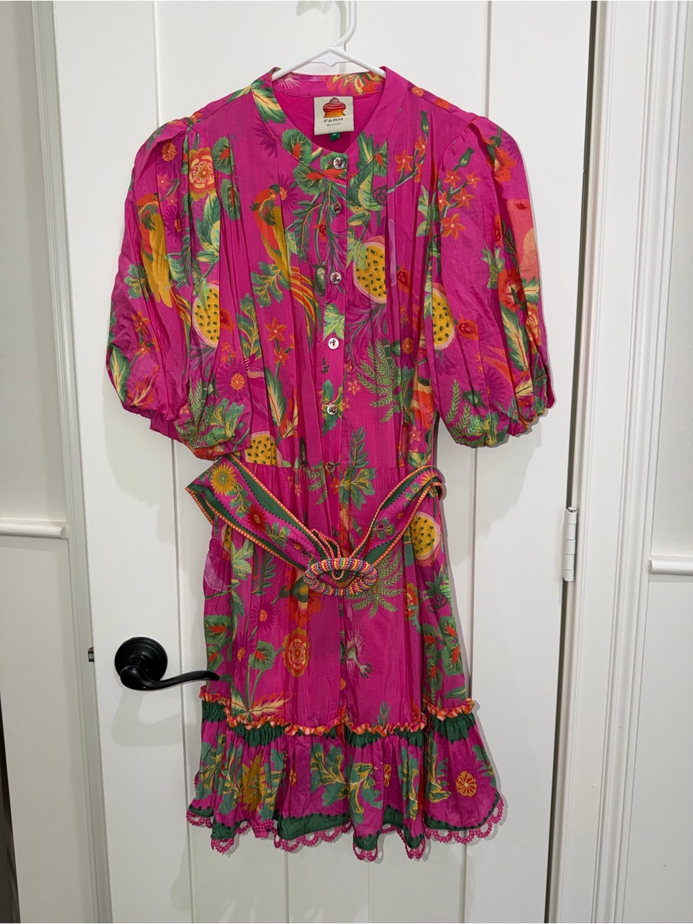 Farm Rio Bright Pink Tropical Print Women’s Dress with Belt